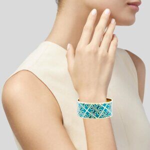 Tory Burch Enamel Logo Printed Wide Cuff Bangle Bracelet Gold/Blue